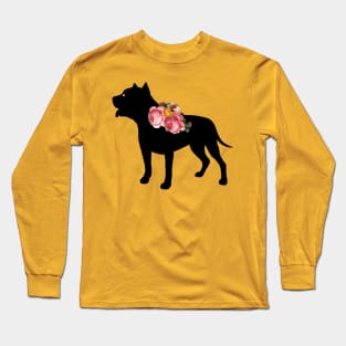 Pit Bull Dog Silhouette with Roses Long Sleeve T-Shirt